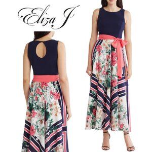 NWT, Eliza J,‎ Twofer Scarf Floral Keyhole Maxi Dress, Navy, Pink